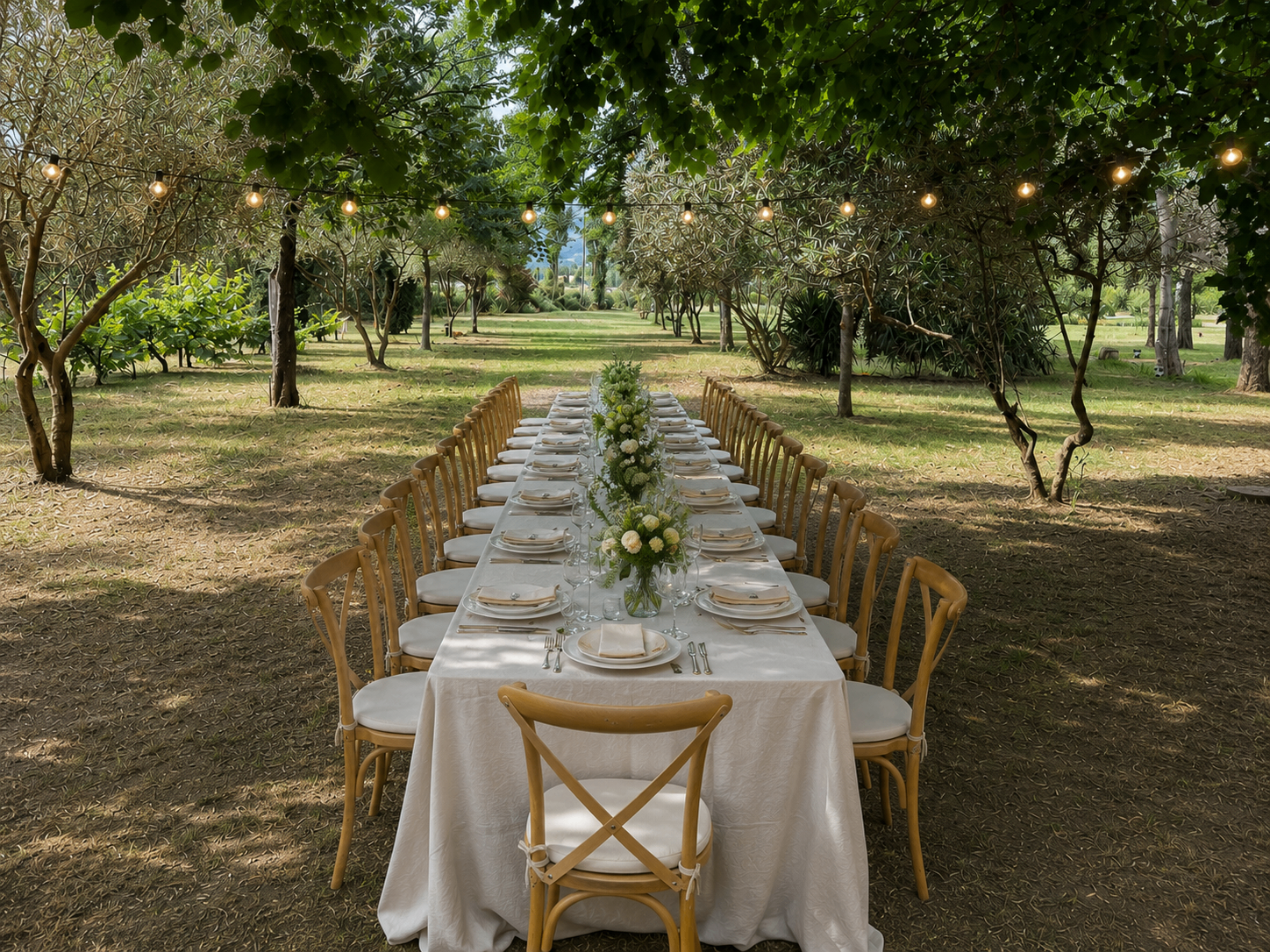 Table dressée sous les arbres au Domaine Plan des Devens